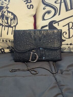 Dior Style Black Croc-Embossed Chain Crossbody Bag